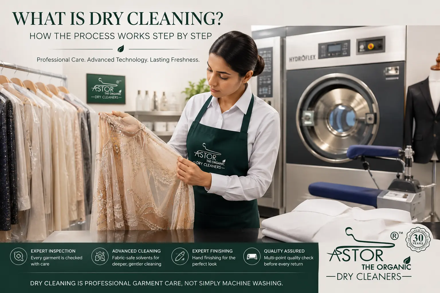 Professional dry cleaning process showing garment inspection and modern dry cleaning equipment